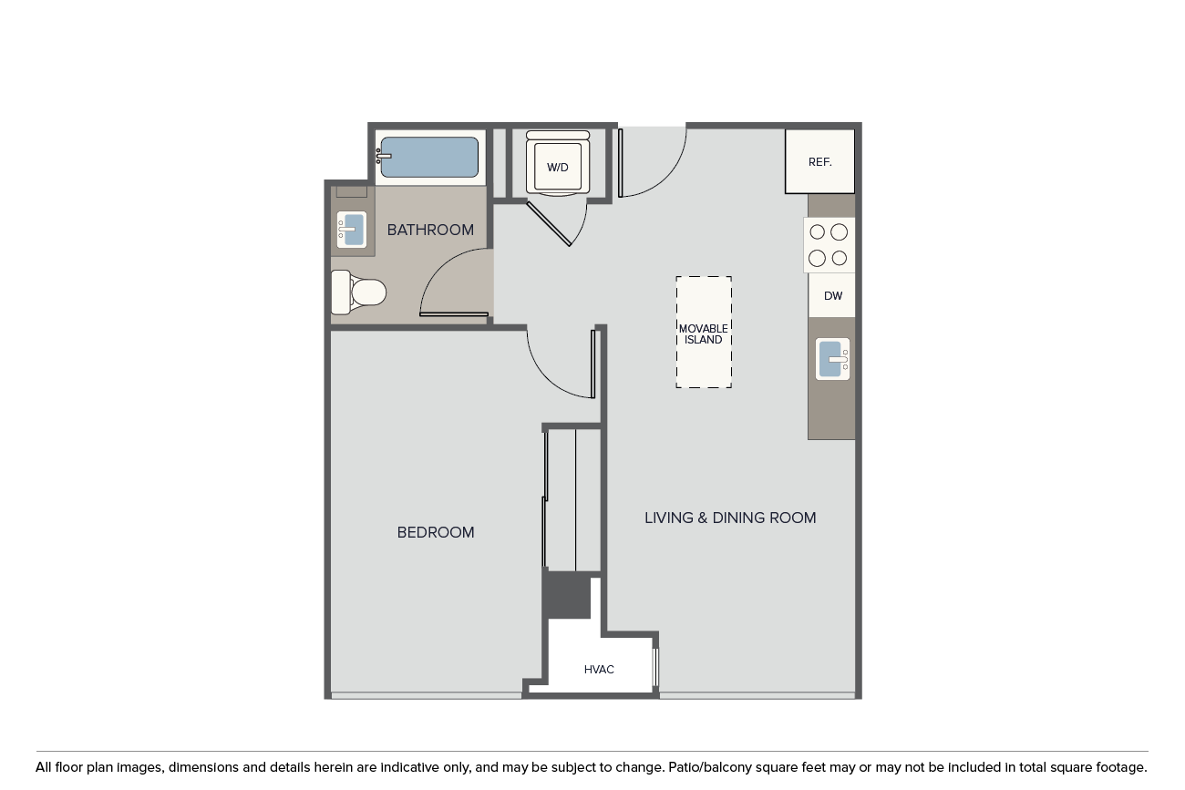 Floor plan for 1 bed, 1 bath, 606 sqft